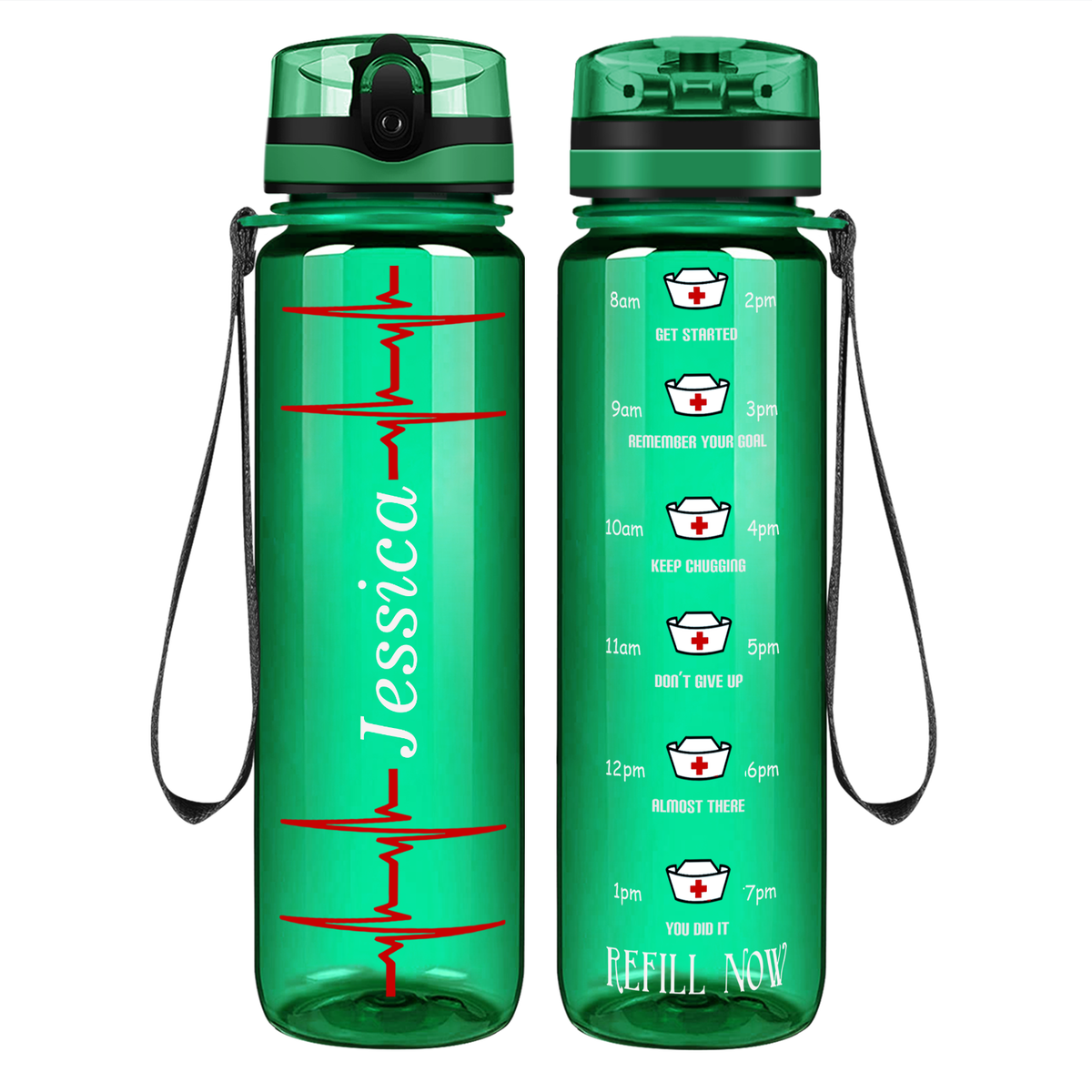 Personalized Nurse Water Bottle Heart Beat Pulse on 32oz Motivational Tracking Water Bottle