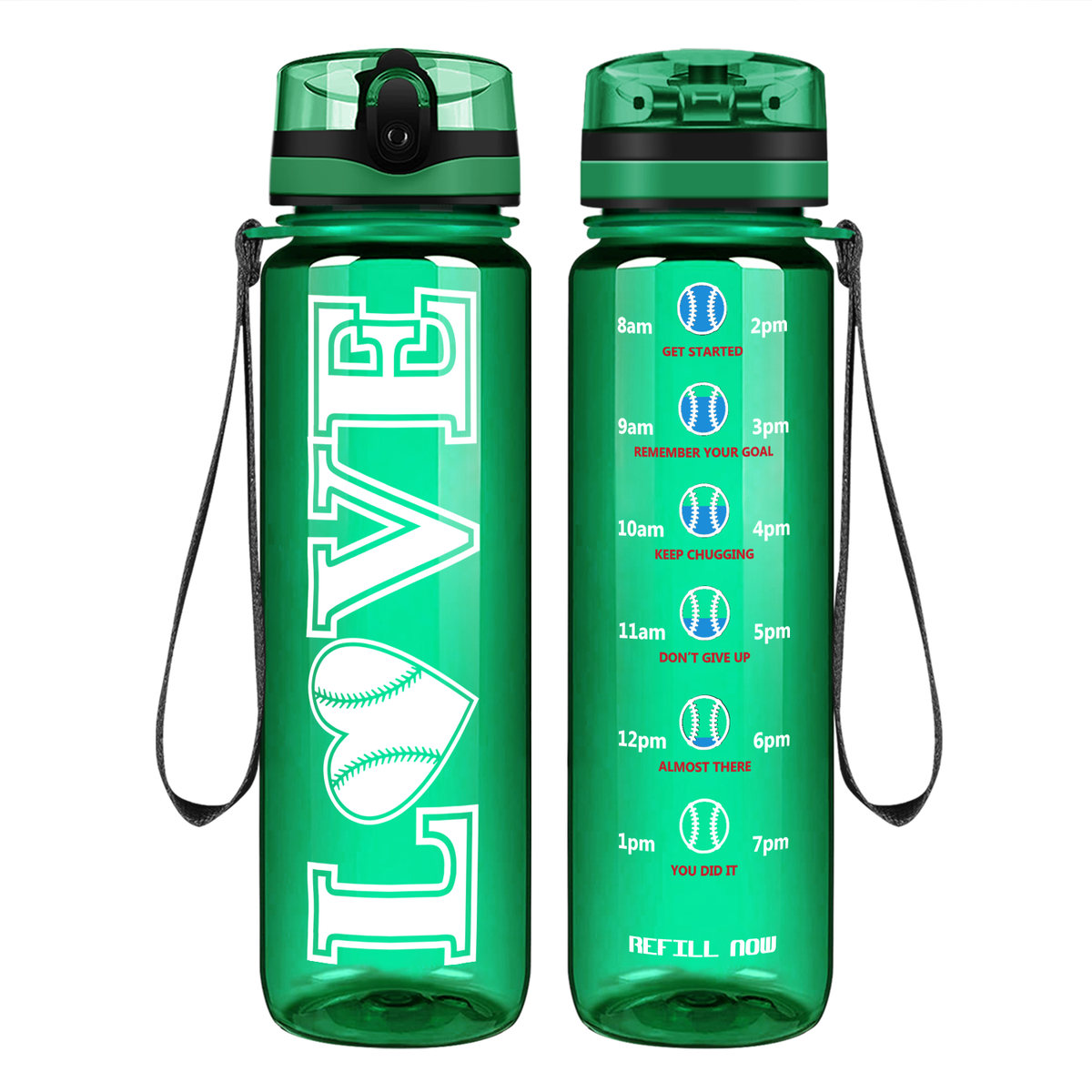 LOVE Baseball Heart on 32 oz Motivational Tracking Water Bottle