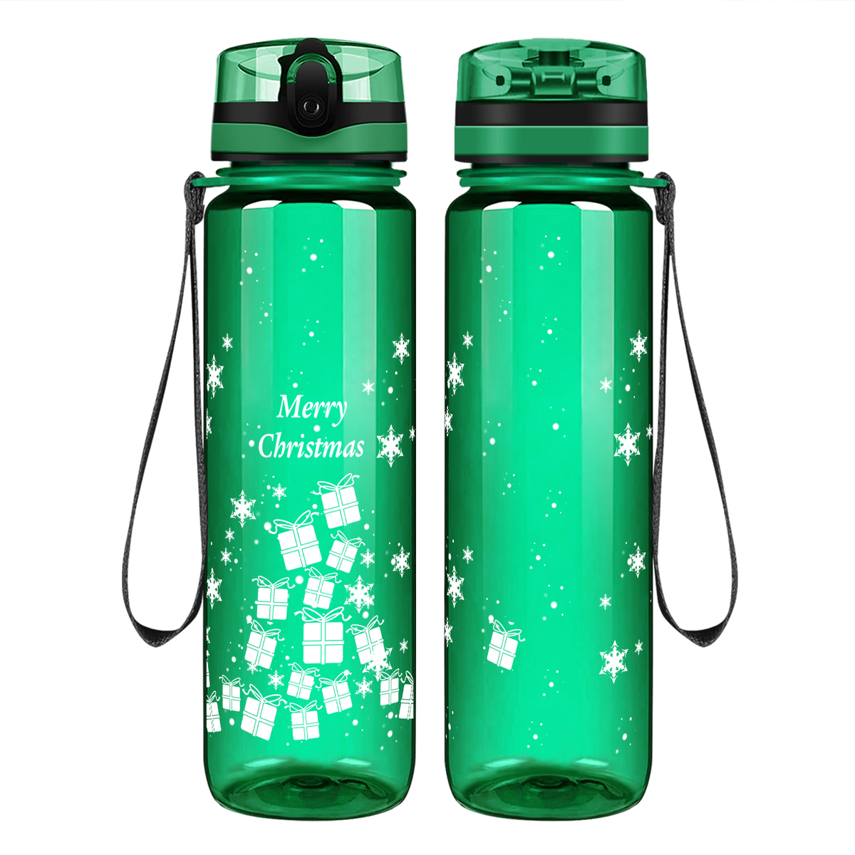 Merry Christmas with Presents on 32 oz Motivational Tracking Holiday Water Bottle