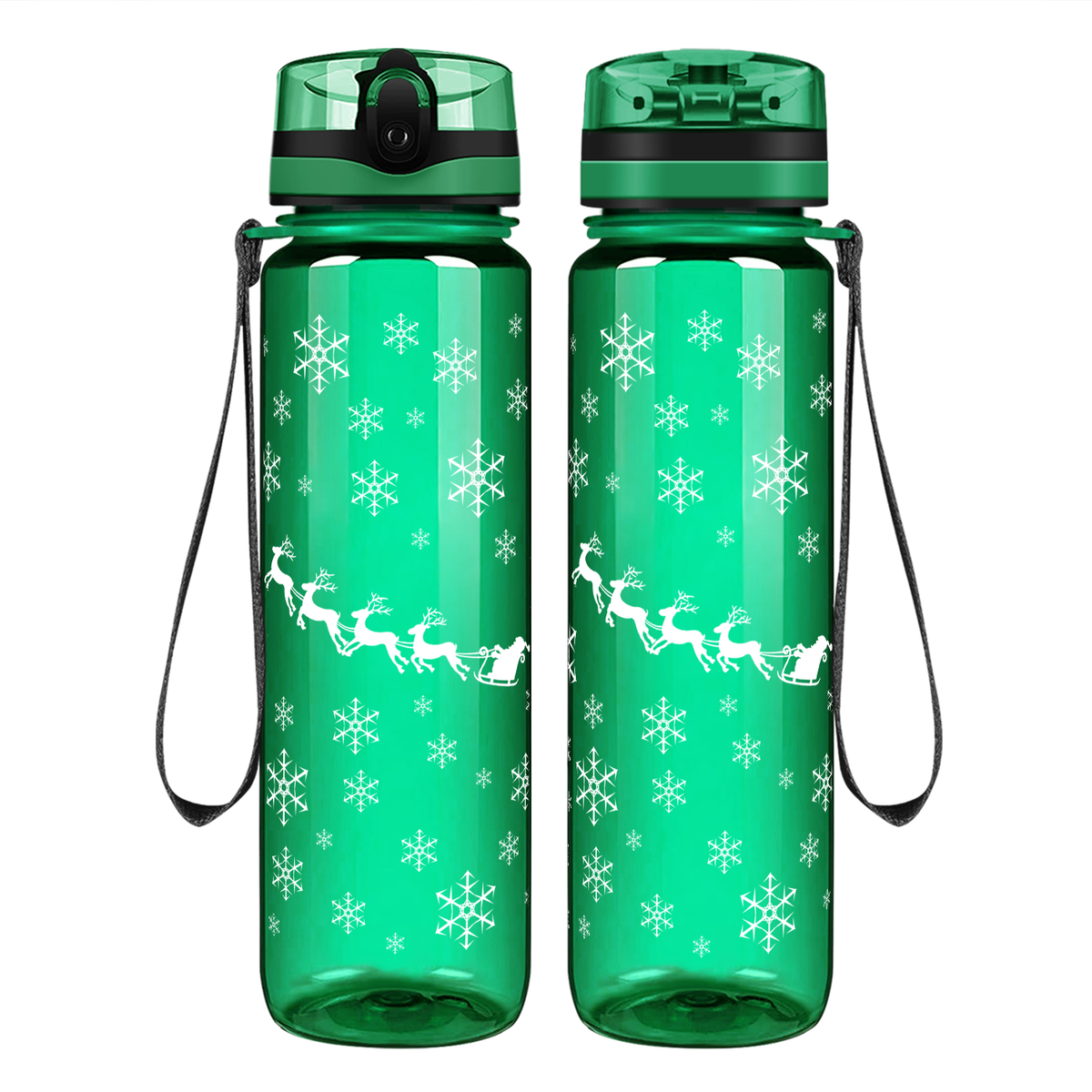 Santa with his Reindeer in the Snow on 32 oz Motivational Tracking Christmas Water Bottle