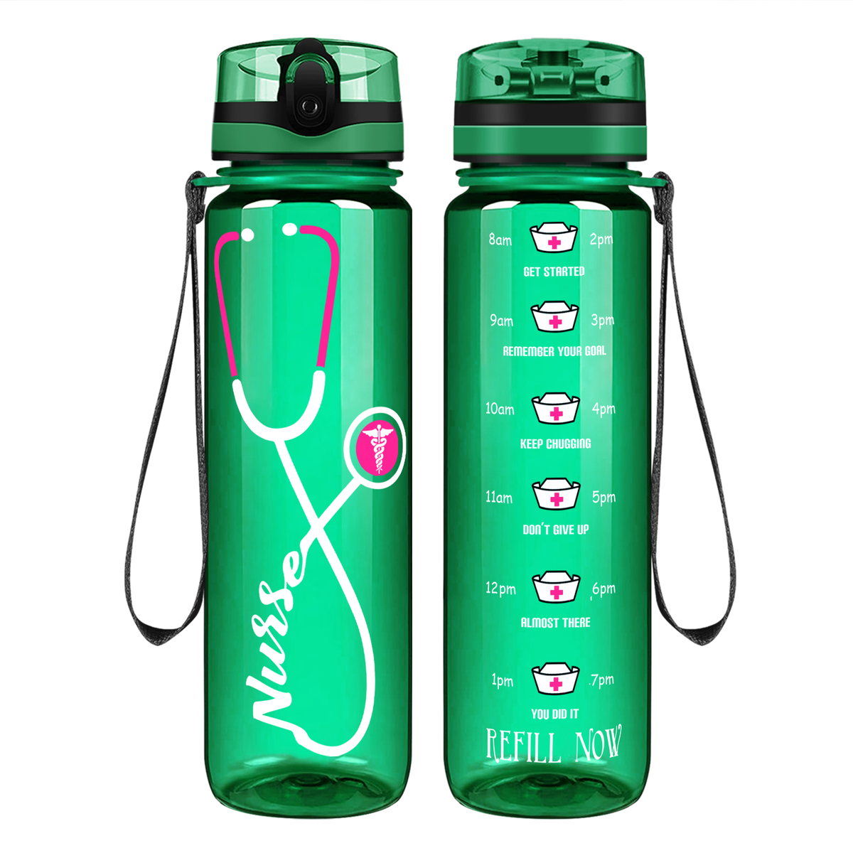 Personalized Nurse Pink Stethoscope on 32oz Motivational Tracking Water Bottle