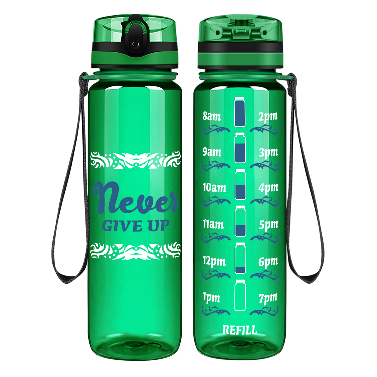 Never Give Up Tribal on 32 oz Motivational Tracking Water Bottle