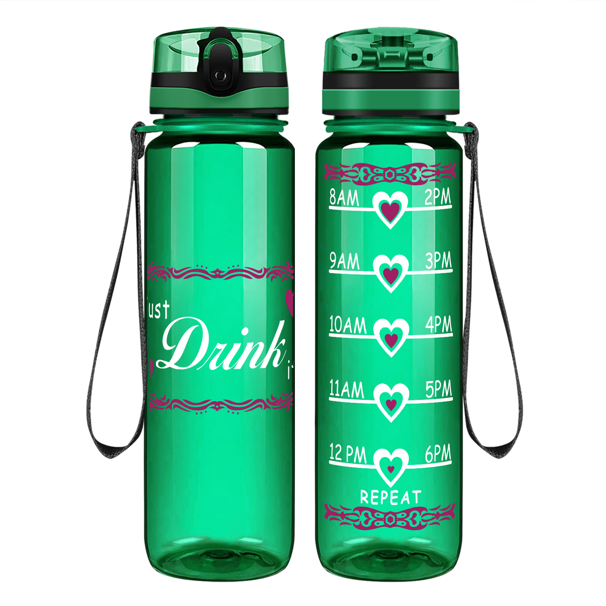 Just Drink It Heart on 32 oz Motivational Tracking Water Bottle