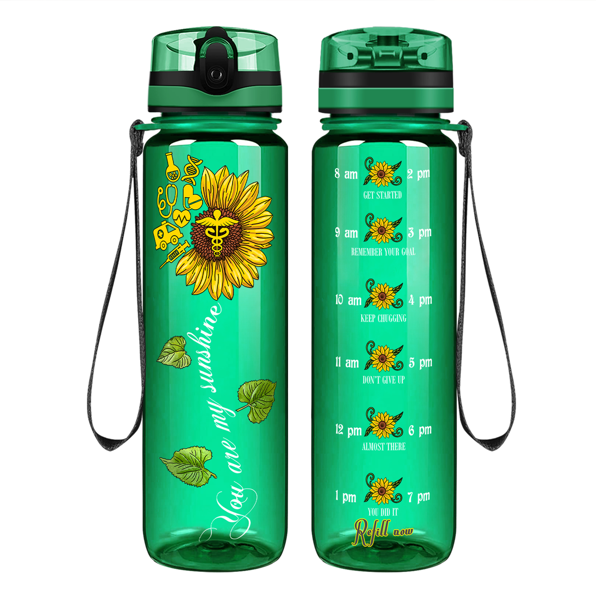 Nurse My Sunshine Sunflower on 32oz Motivational Tracking Water Bottle