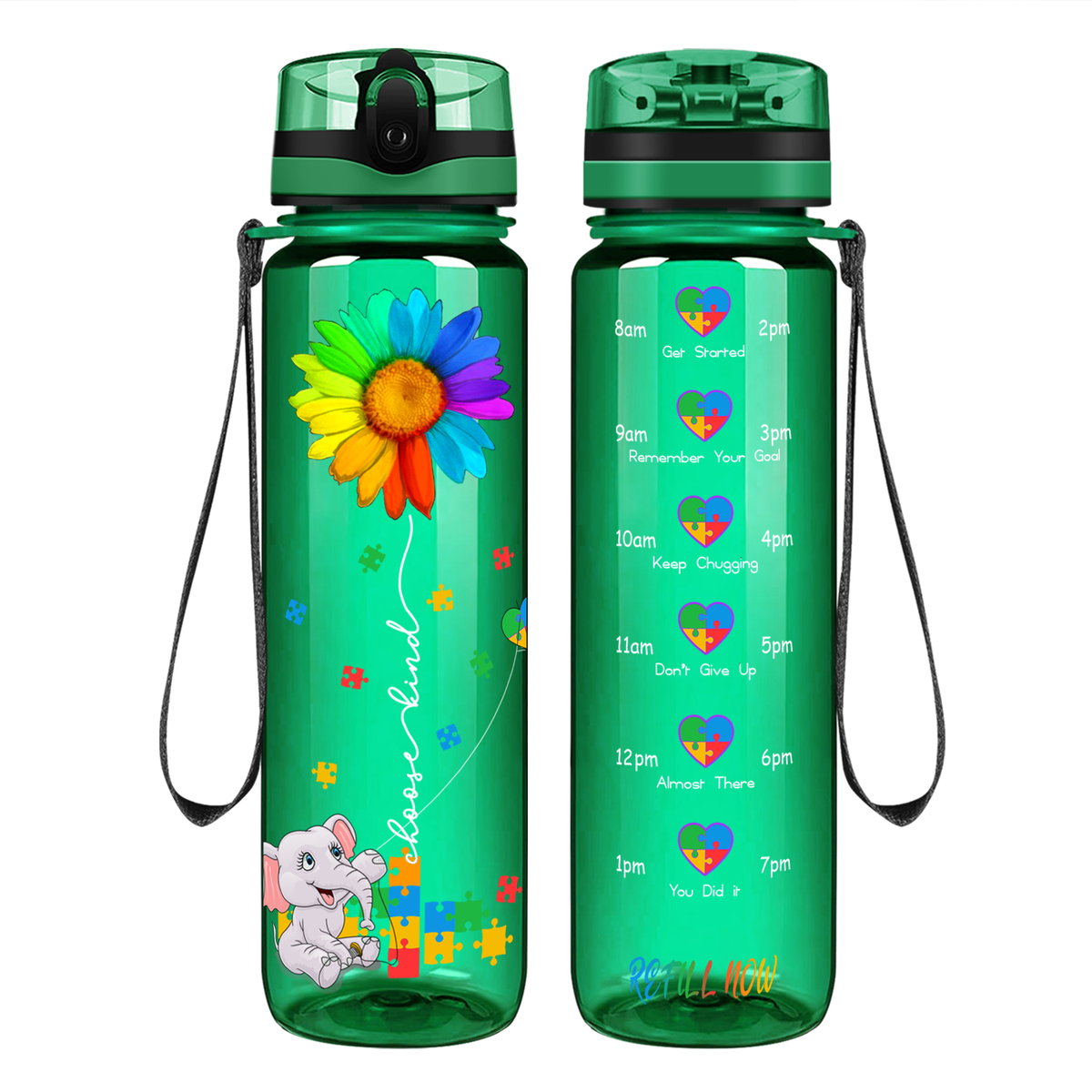 Autism Elephant Kindness Kite on 32 oz Motivational Tracking Water Bottle