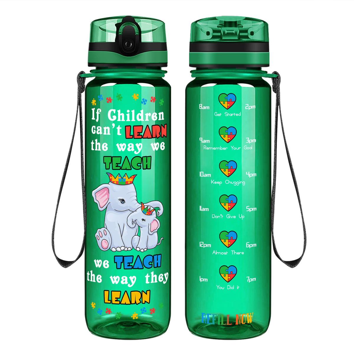 Teach The Way They Learn Elephants on 32 oz Motivational Tracking Autism Water Bottle