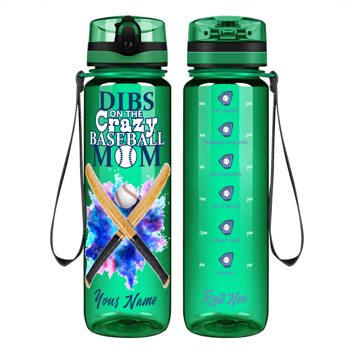 Personalized Dibs on the Baseball Mom on 32 oz Motivational Tracking Water Bottle