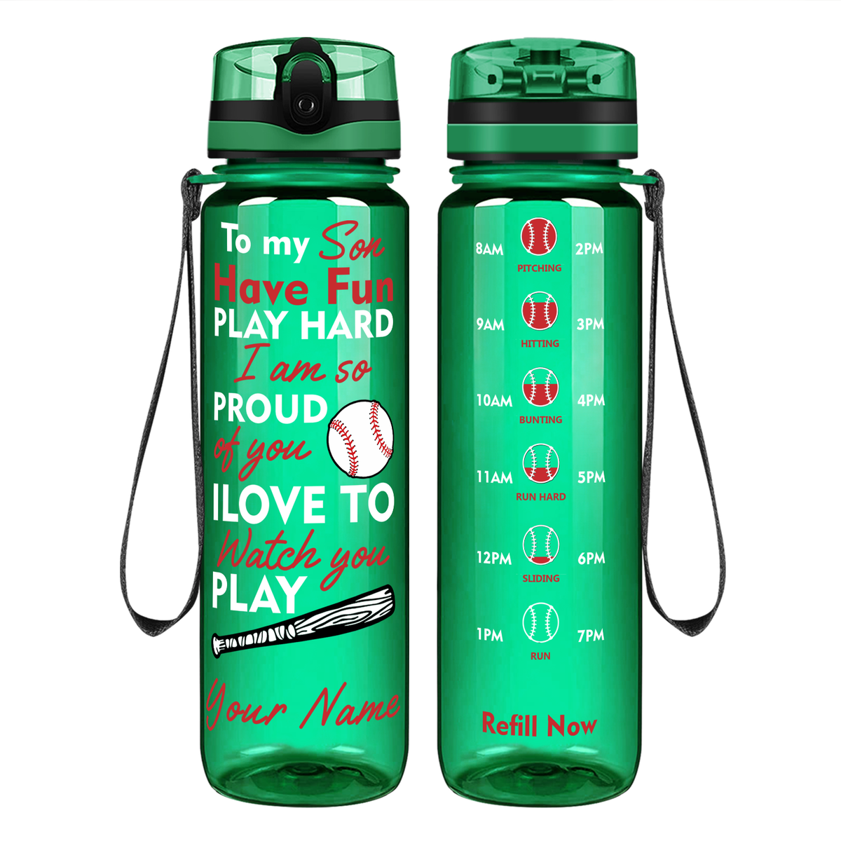 Personalized Play Hard Son Baseball on 32 oz Motivational Tracking Water Bottle