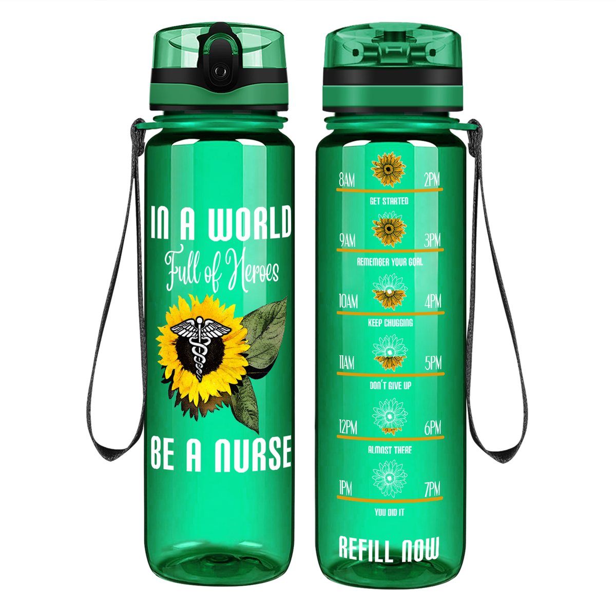 In a World Full of Heroes be a Nurse on 32oz Motivational Tracking Water Bottle