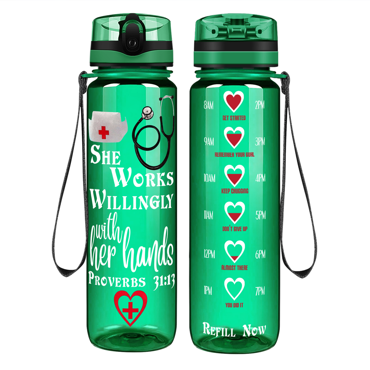 She Works Willingly with Her Hands on 32oz Motivational Nurse Water Bottle