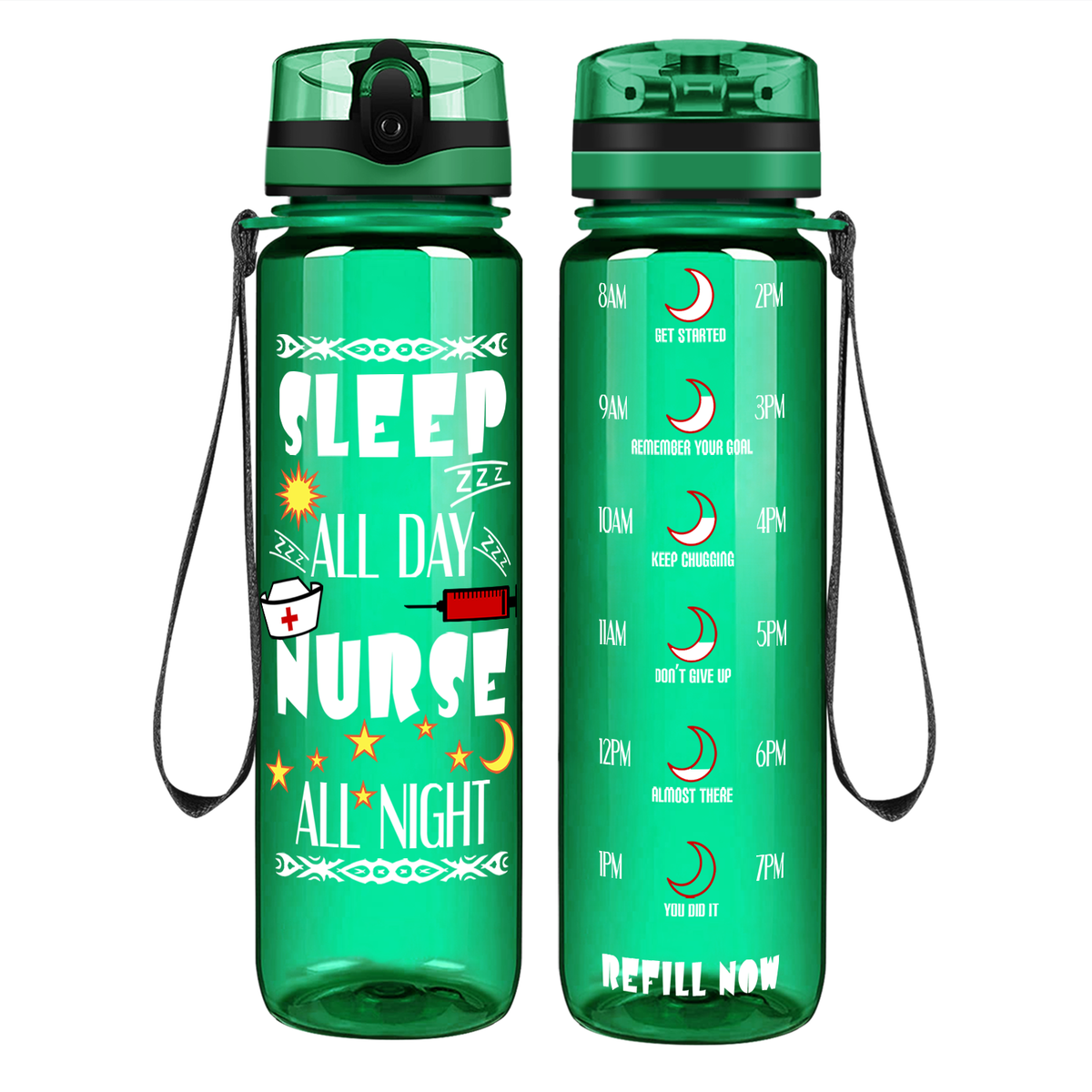 Nurse All Night on 32oz Motivational Tracking Water Bottle