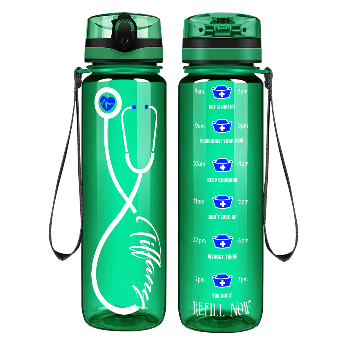 Personalized Nurse Stethoscope Blue on 32oz Motivational Tracking Water Bottle