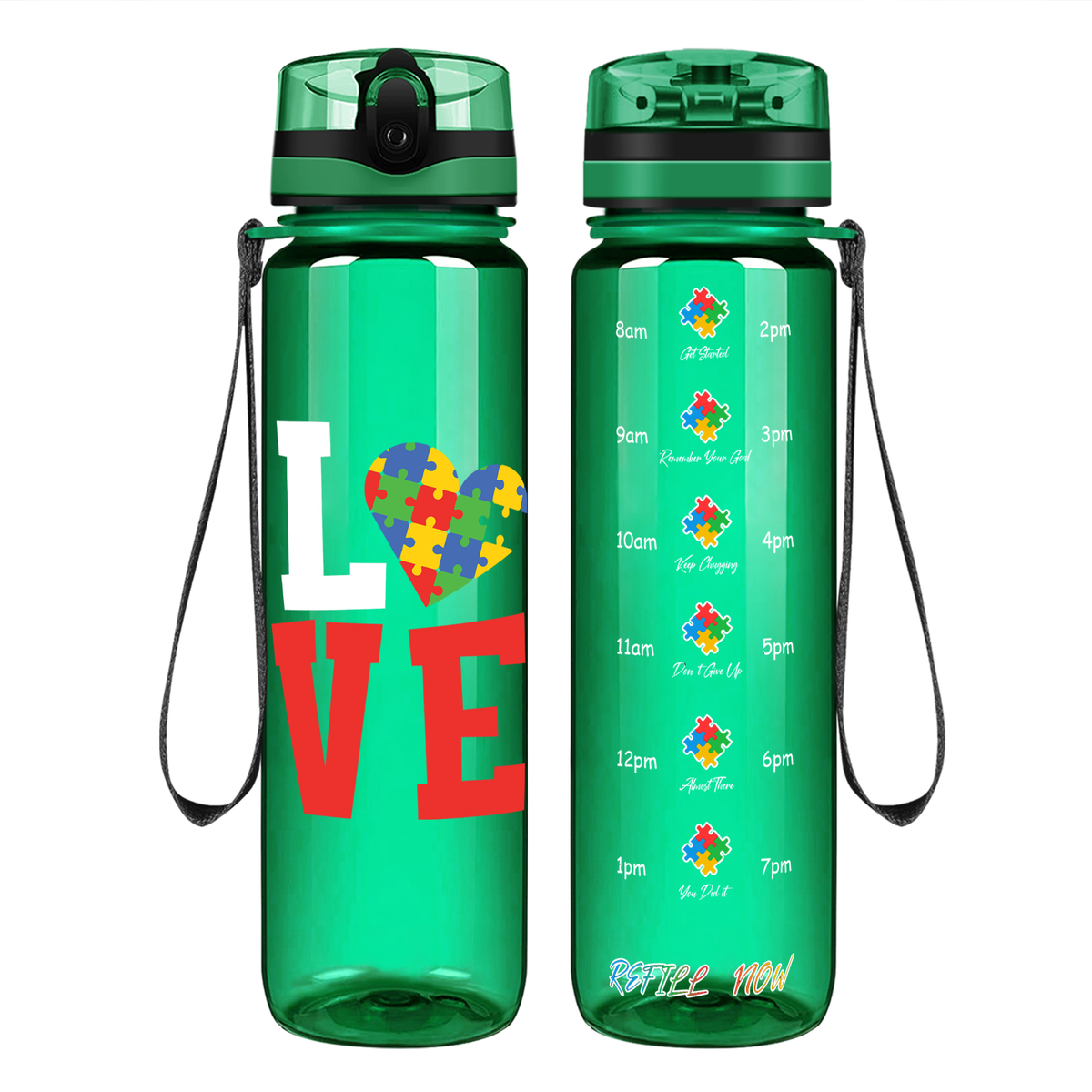 Autism Love on 32 oz Motivational Tracking Water Bottle