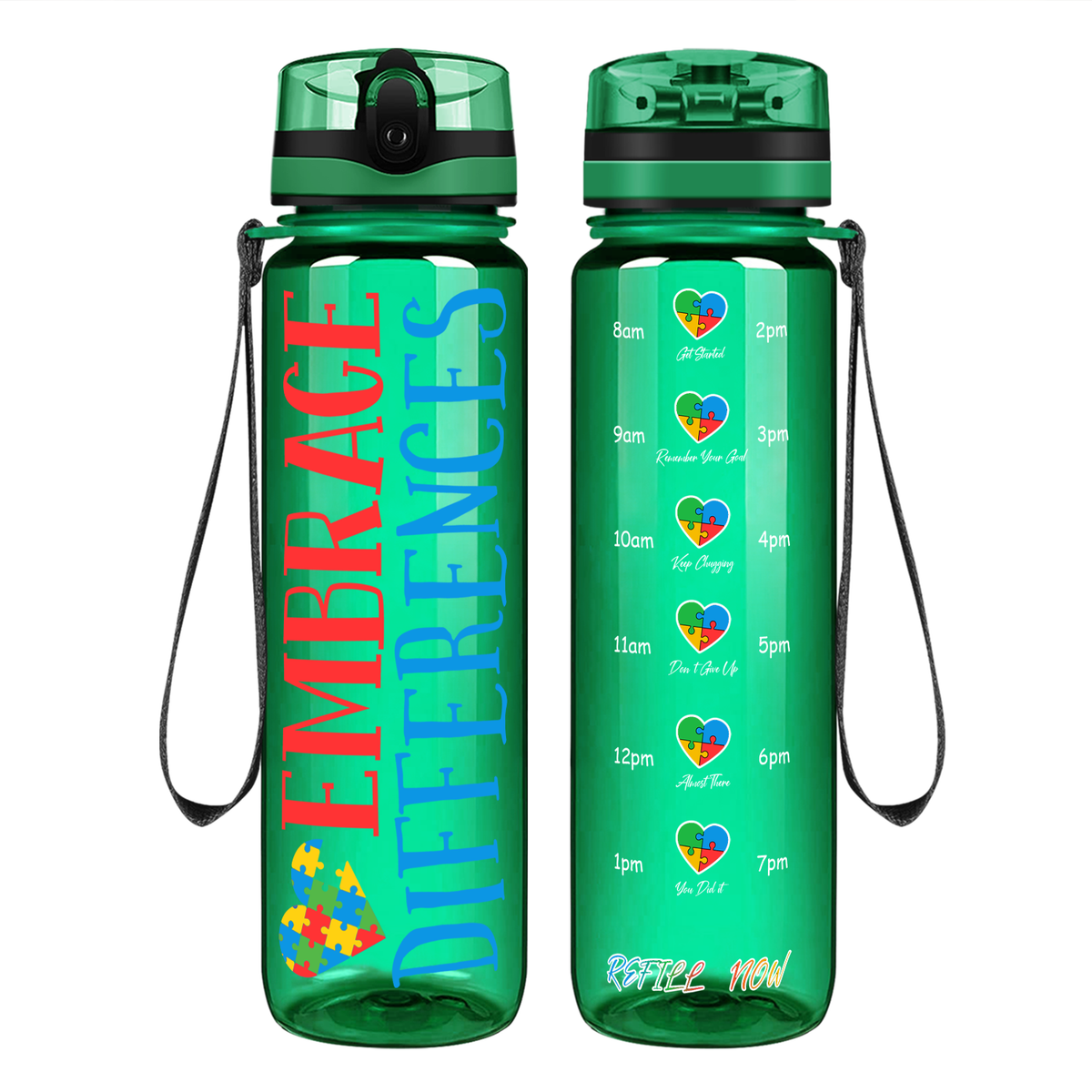 Embrace Differences on 32 oz Motivational Tracking Autism Water Bottle