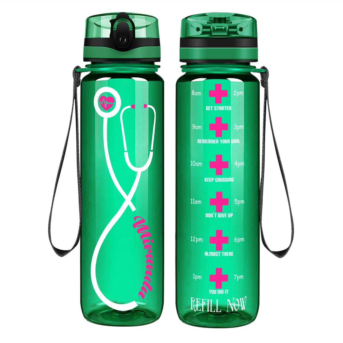 Personalized Heartbeat Nurse Pink Stethoscope on 32oz Motivational Tracking Water Bottle
