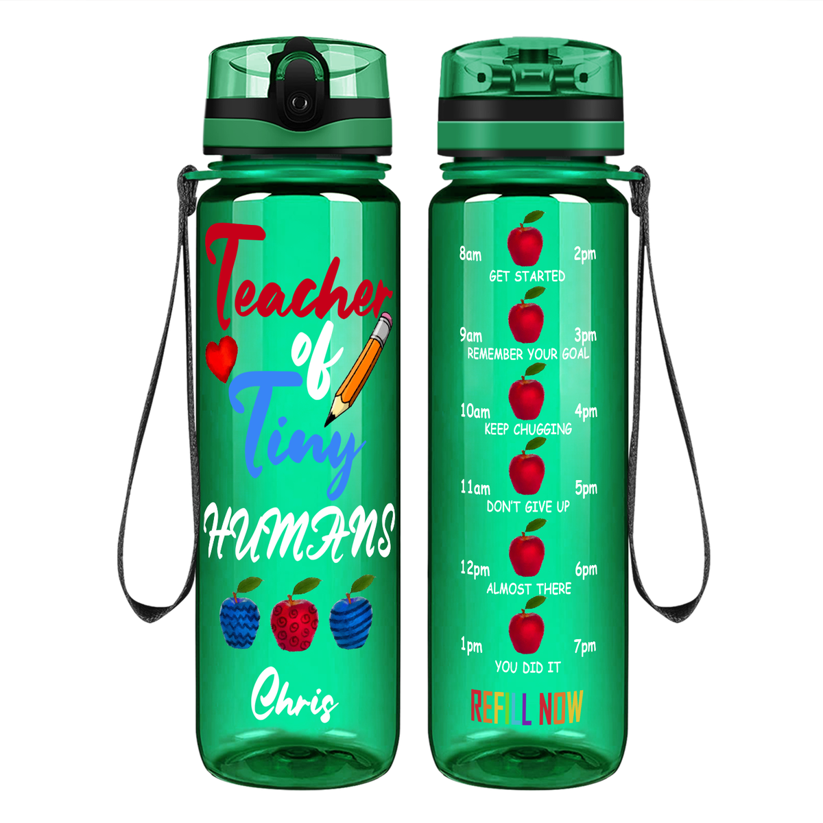 Personalized Teacher of Tiny Humans on 32 oz Motivational Tracking Water Bottle