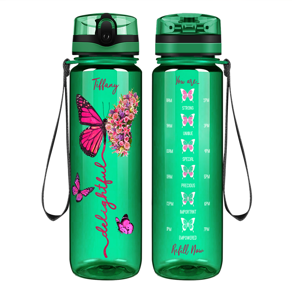 Personalized Delightful Inspirational Pink Butterfly on 32 oz Motivational Tracking Water Bottle