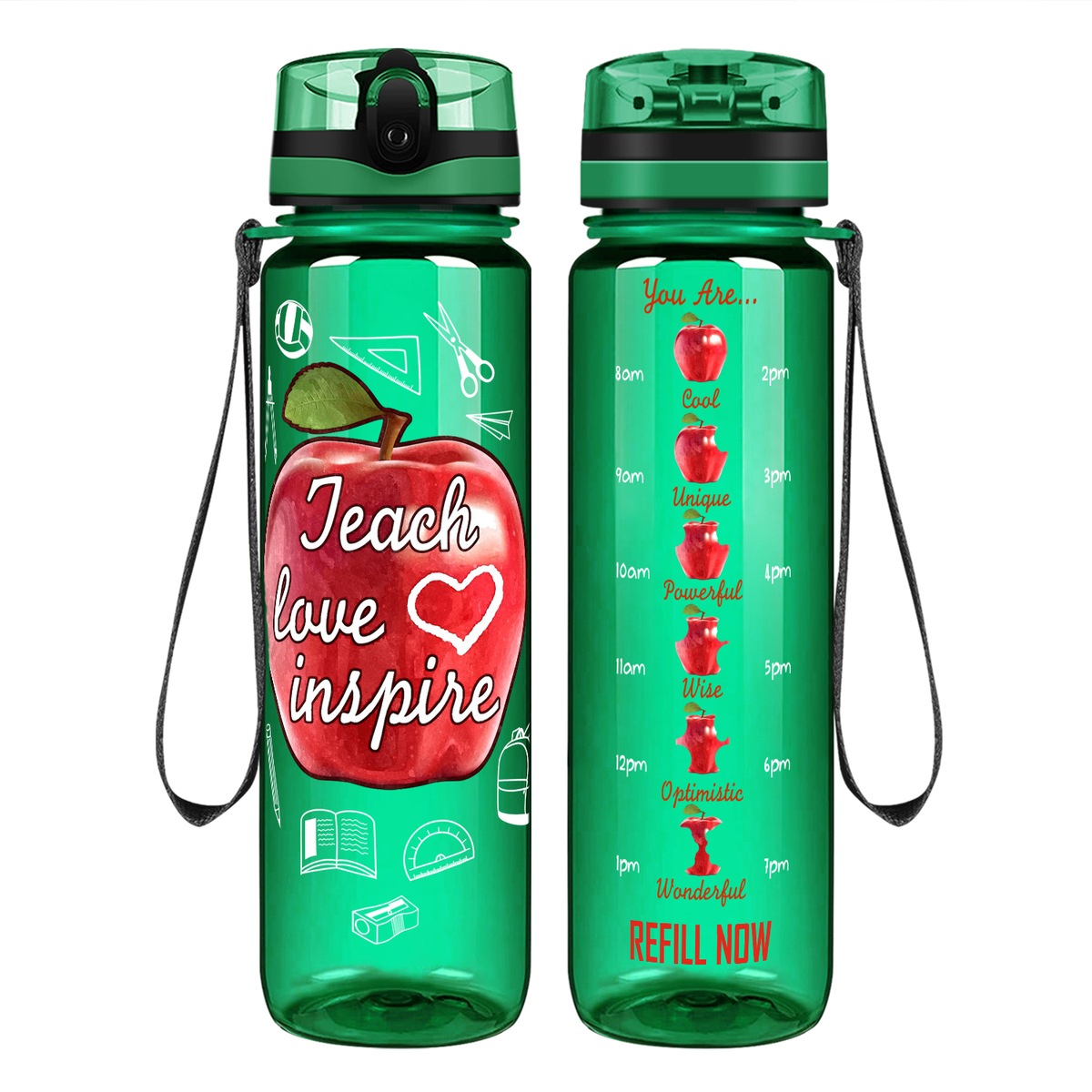 Teach Love Inspire Apple on 32 oz Motivational Tracking Water Bottle