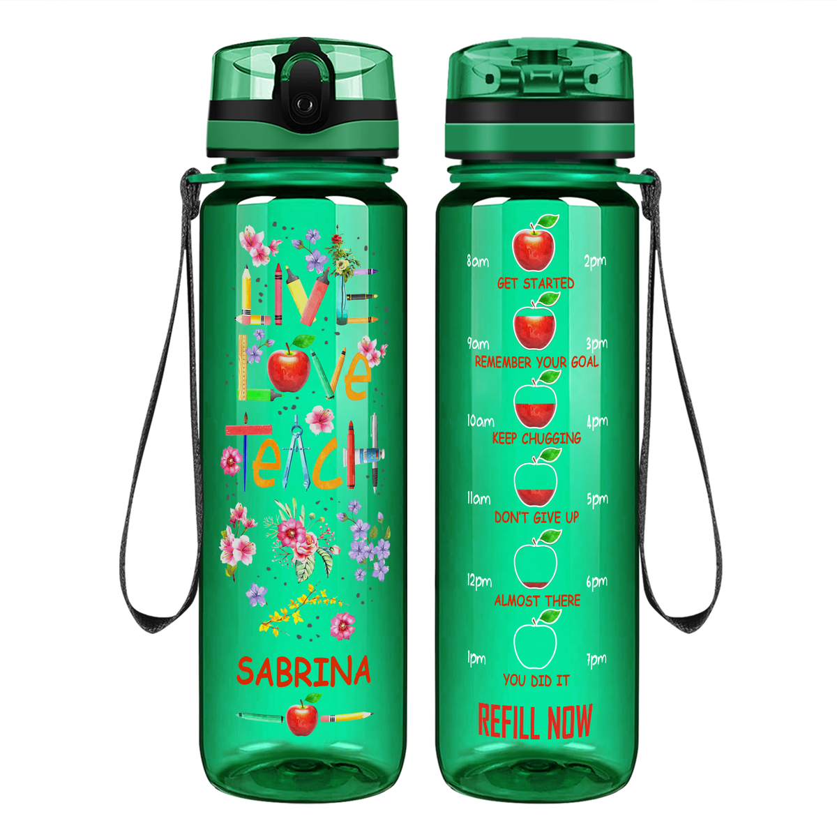 Personalized Live Love Teach on 32 oz Motivational Tracking Water Bottle
