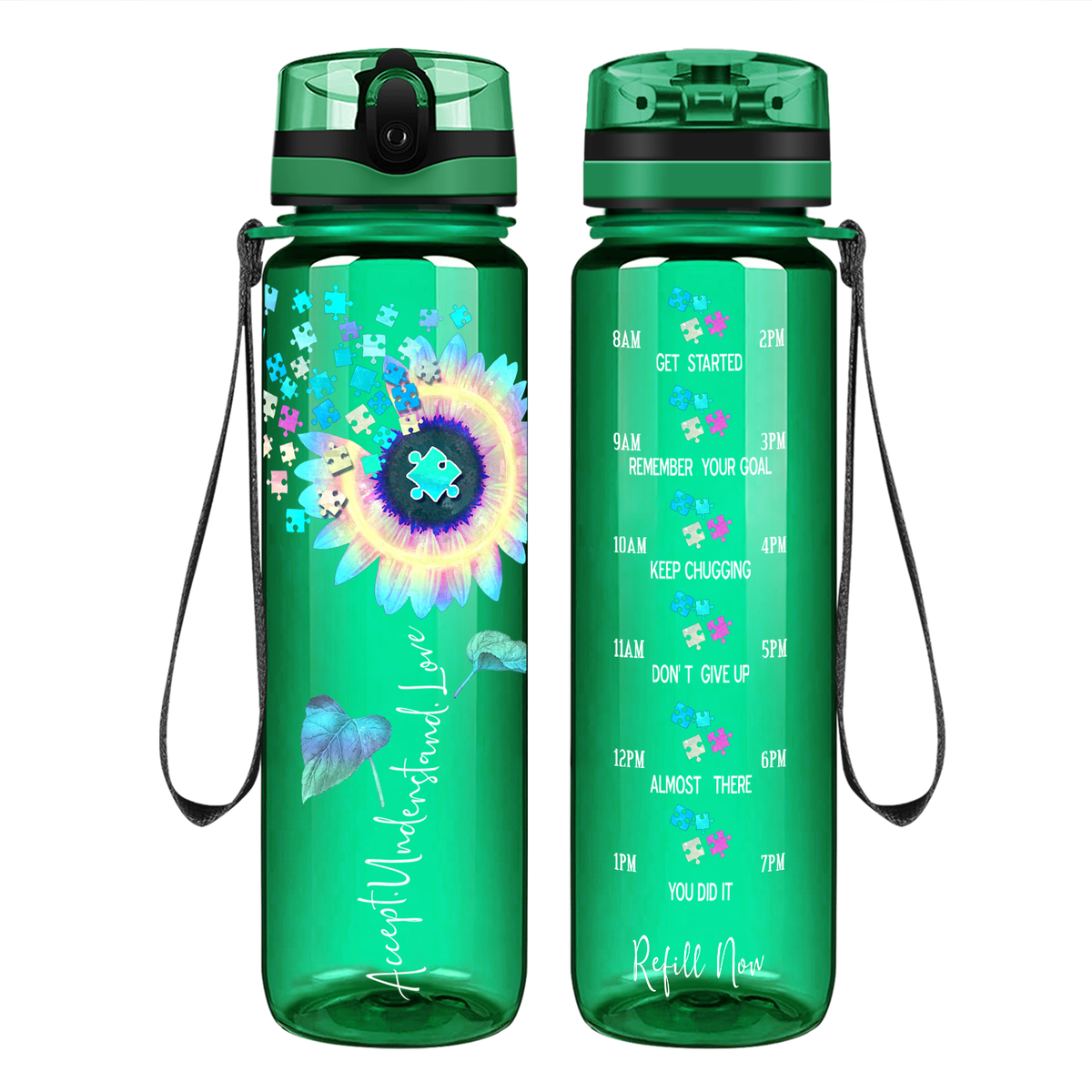 Accept Understand Love Autism Sunflower 32 oz Motivational Tracking Water Bottle