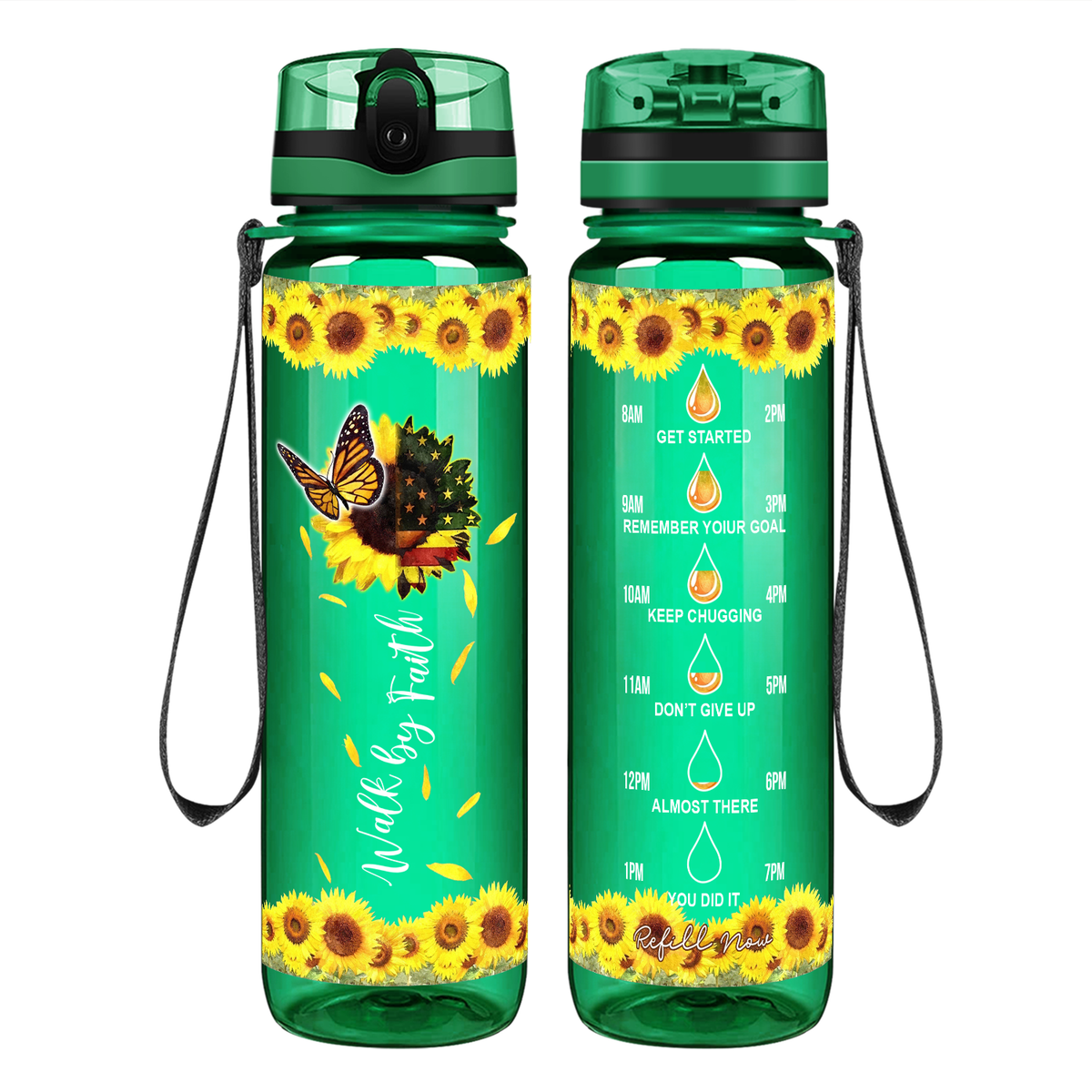 Walk by Faith American Sunflower on 32 oz Motivational Tracking Water Bottle