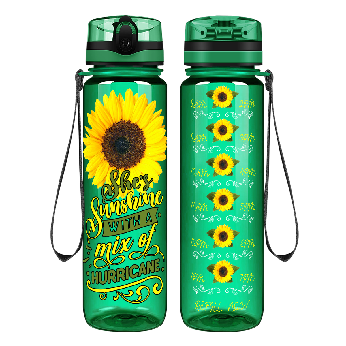 She's Sunshine with a Mix of Hurricane on 32 oz Motivational Tracking Sunflowers Water Bottle