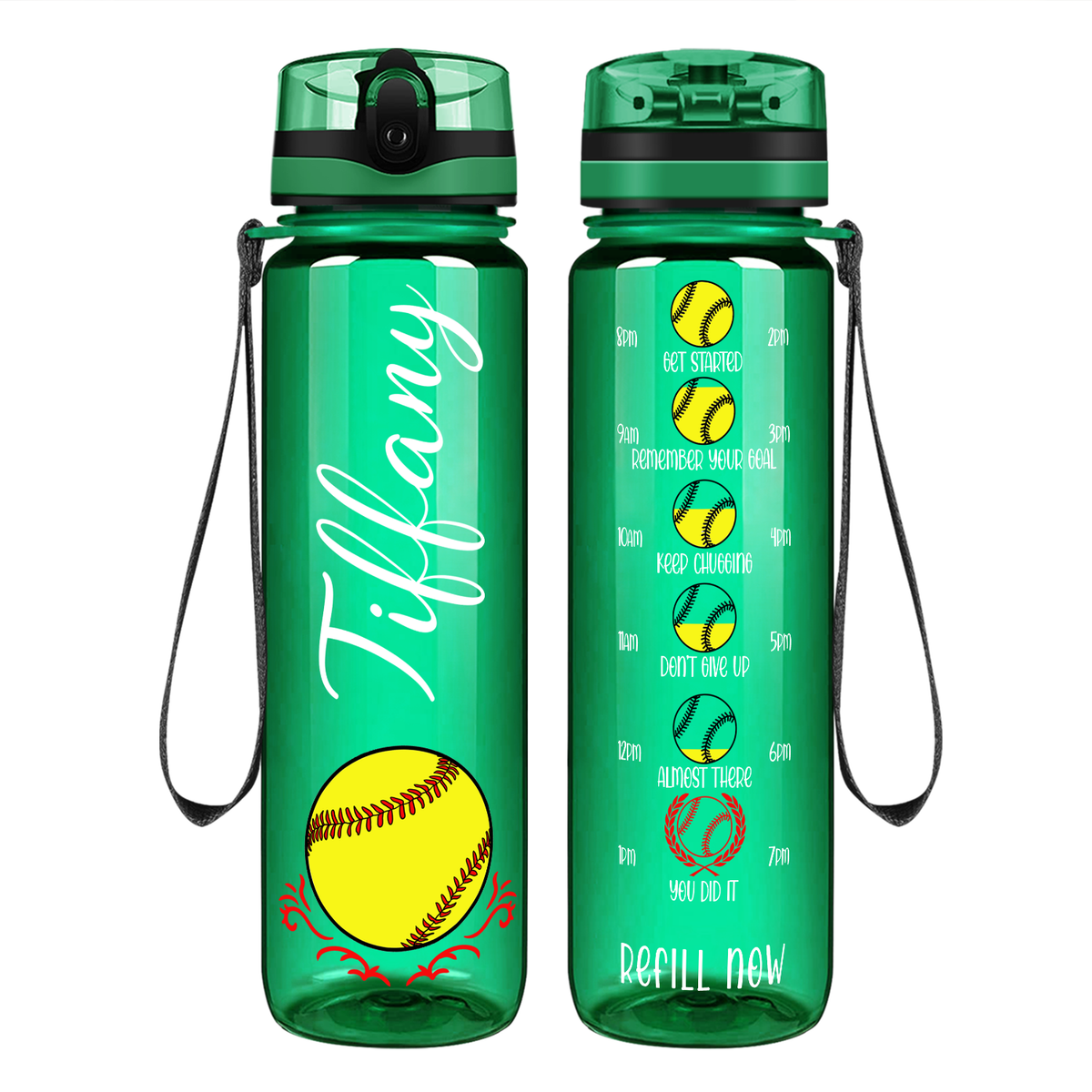 Personalized Softball on 32 oz Motivational Tracking Water Bottle