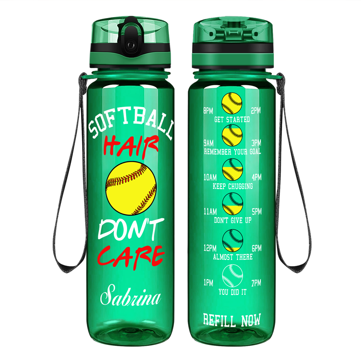 Personalized Softball Hair Don't Care on 32 oz Motivational Tracking Water Bottle