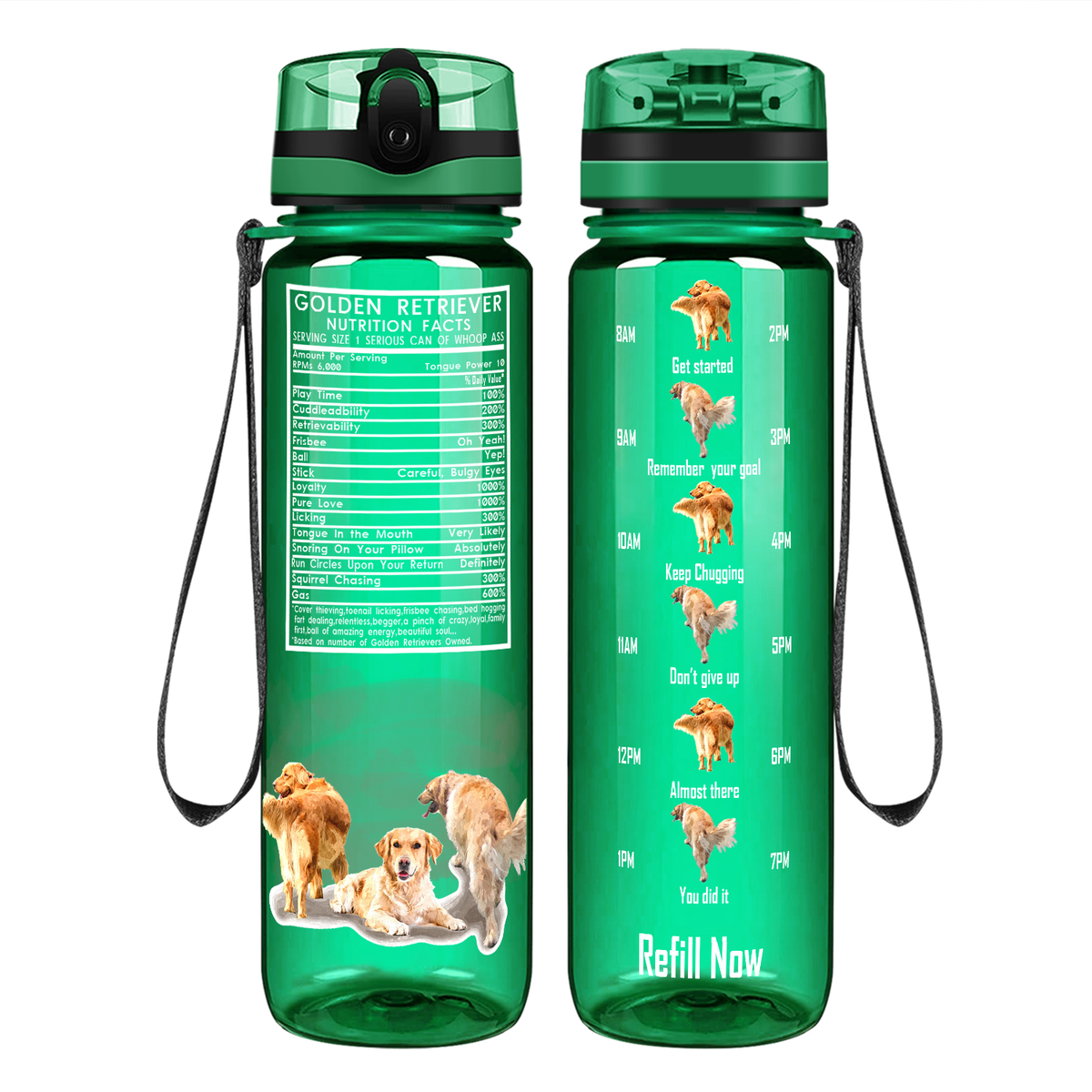 Golden Retriever Nutrition Facts on 32 oz Motivational Tracking Water Bottle