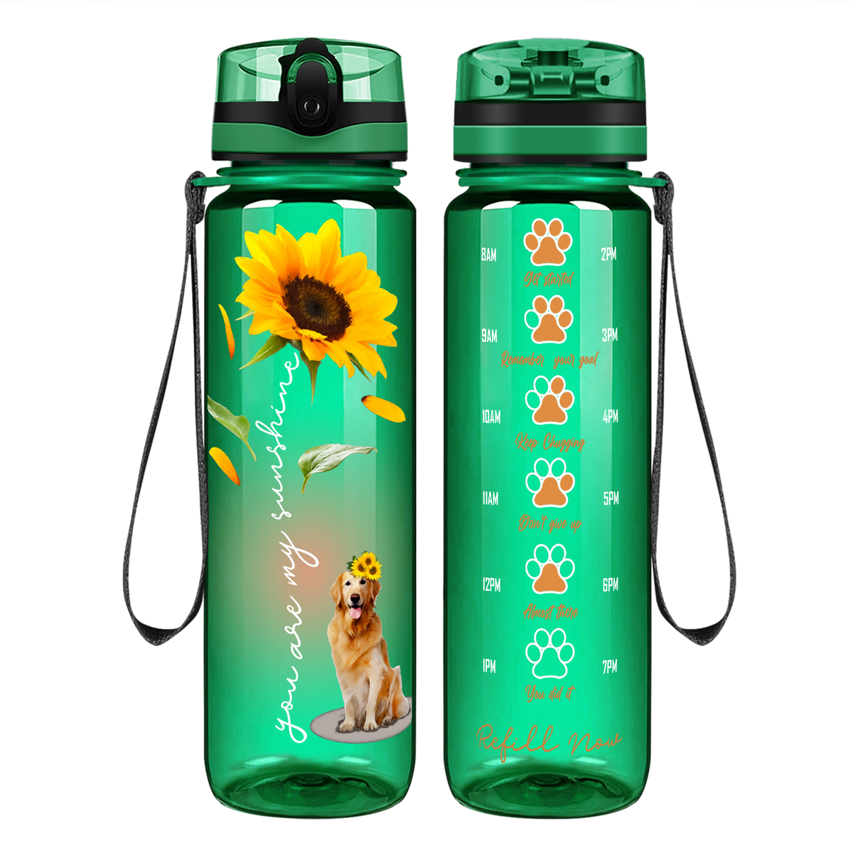 You Are My Sunshine Golden Retriever Sunflower on 32 oz Motivational Tracking Water Bottle
