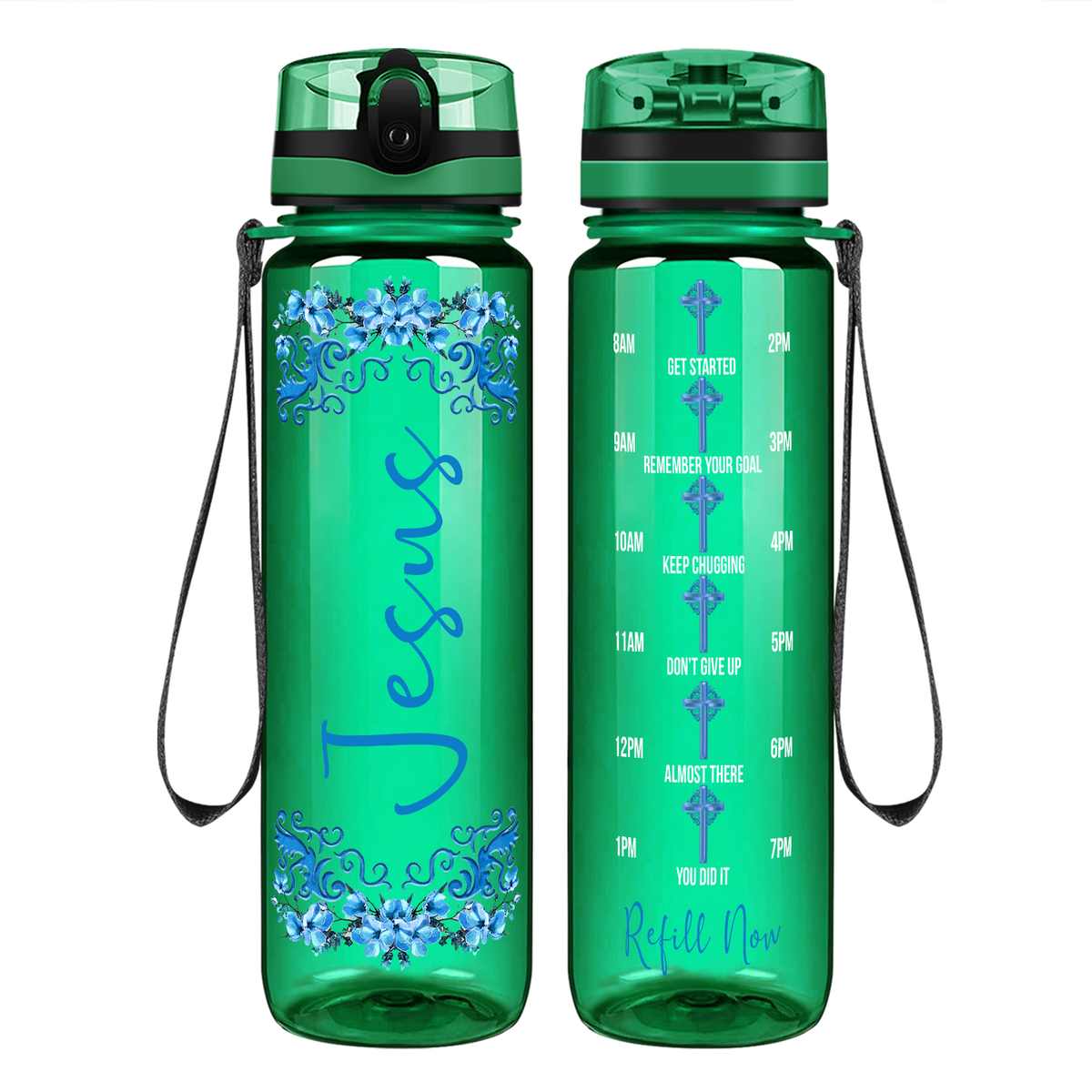 Jesus Blue Fowers Design on 32 oz Motivational Tracking Water Bottle