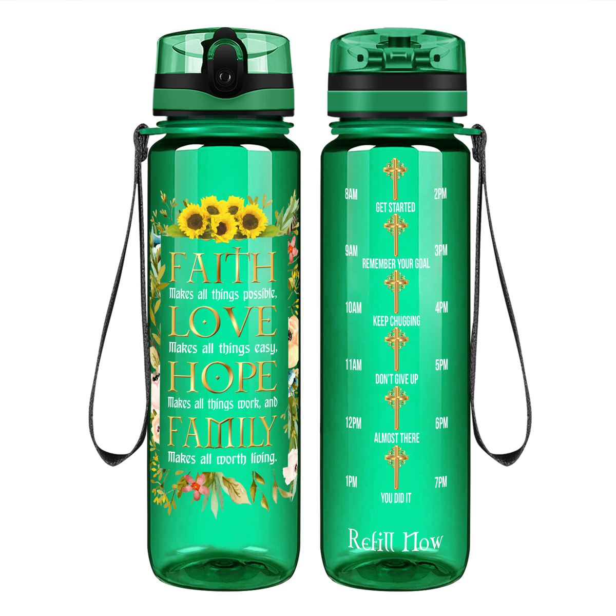 Faith Love Hope Family on 32 oz Motivational Tracking Water Bottle