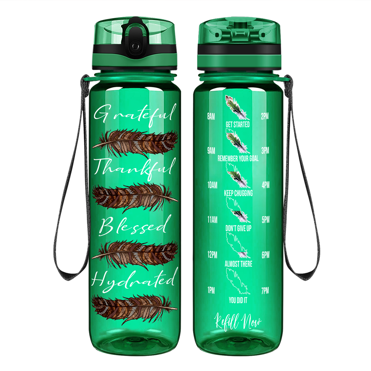 Grateful Thankful Blessed Hydrated with Feathers on 32 oz Motivational Tracking Water Bottle