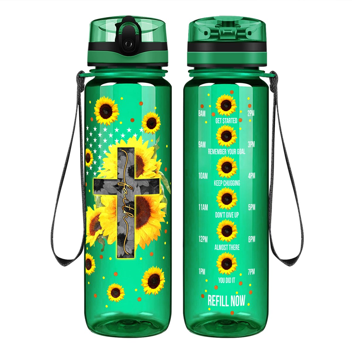 Faith Cross Sunflowers on 32 oz Motivational Tracking Water Bottle