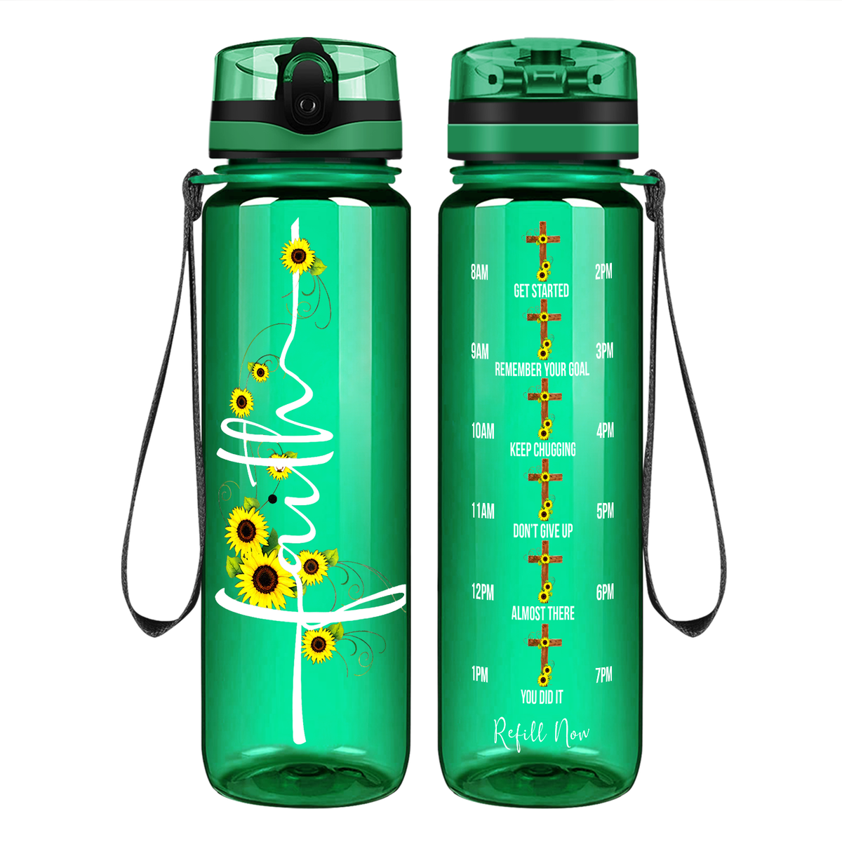 Faith Sunflowers on 32 oz Motivational Tracking Water Bottle