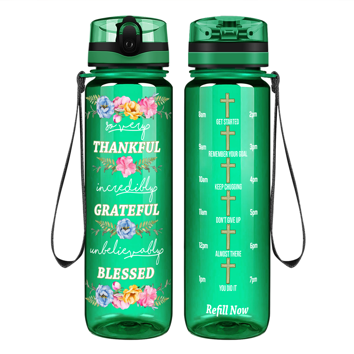 Thankful Grateful Blessed on 32 oz Motivational Tracking Water Bottle