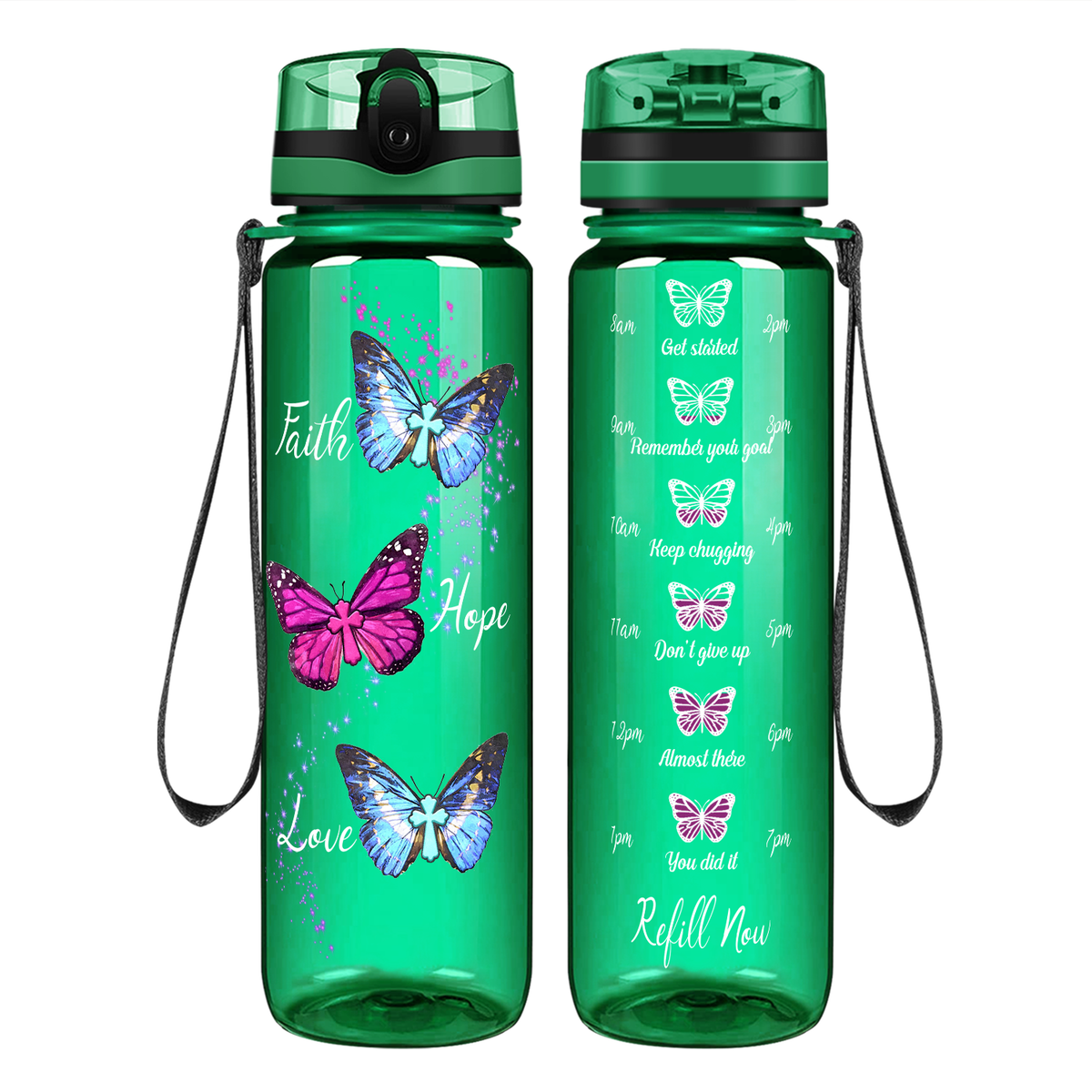 Faith Hope Love Butterflies on 32 oz Motivational Tracking Water Bottle
