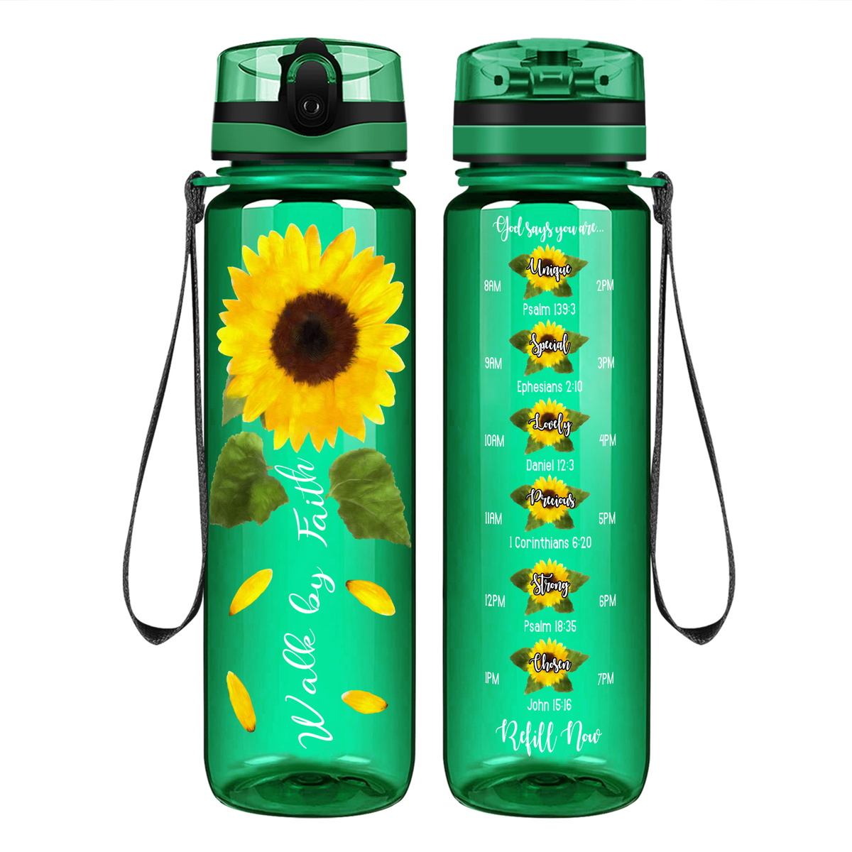 Walk By Faith Sunflower on 32 oz Motivational Tracking Water Bottle