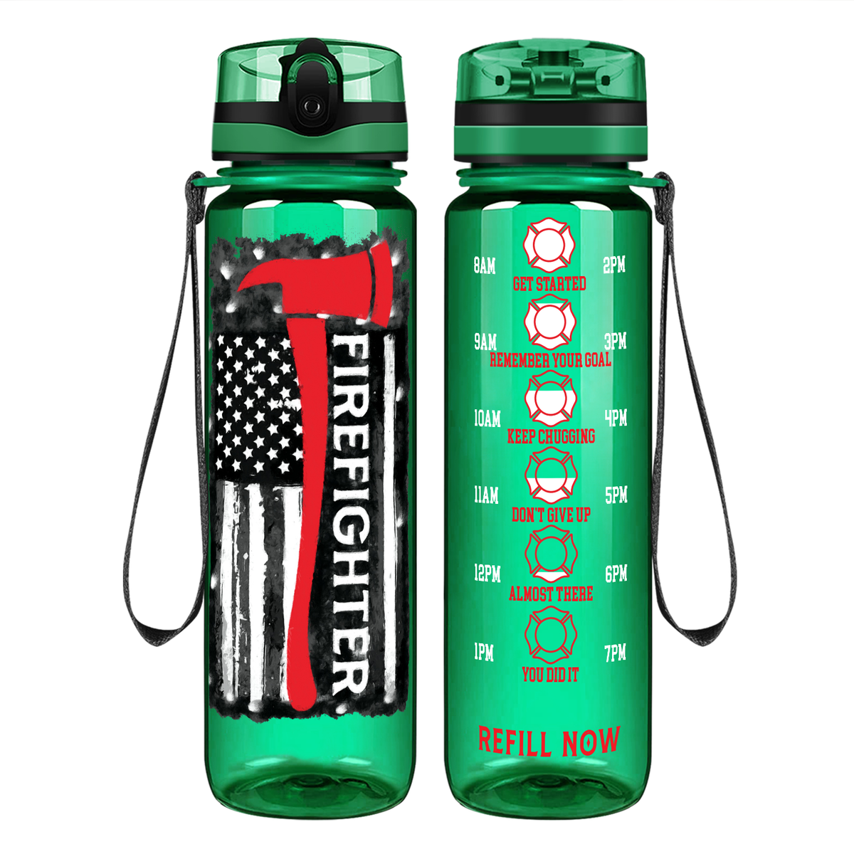 Firefighter Axe Distressed Flag on 32 oz Motivational Tracking Water Bottle