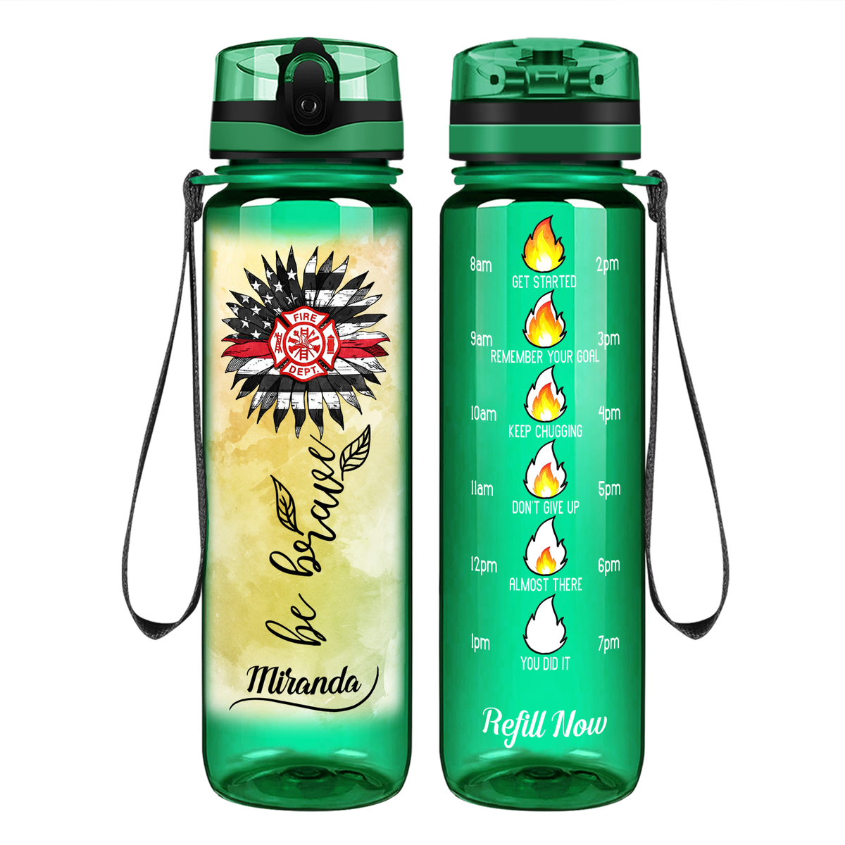 Personalized Firefigher Be Brave on 32 oz Motivational Tracking Water Bottle