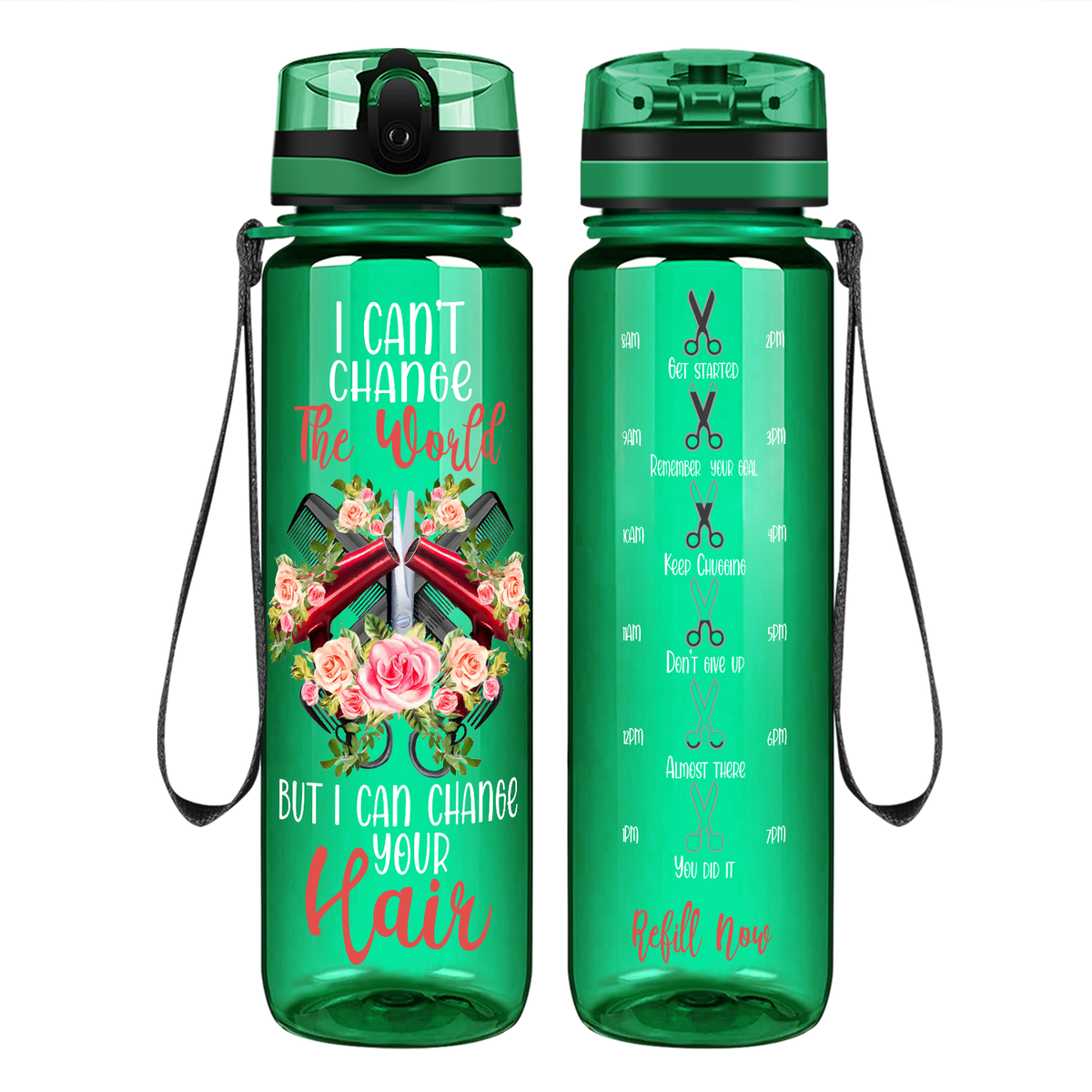 I Can't Change The World But I Can Change Your Hair on 32 oz Motivational Tracking Water Bottle