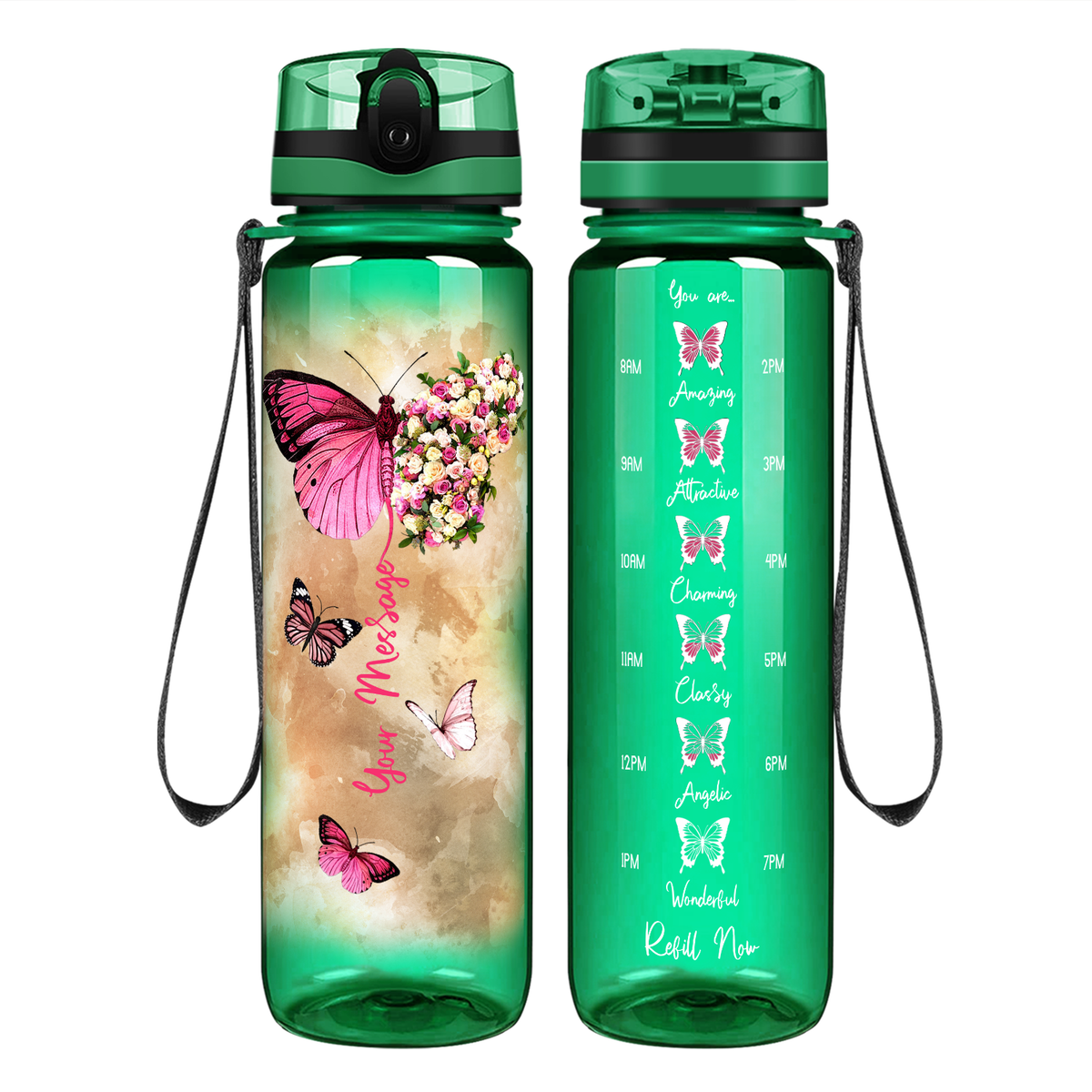 Personalized Butterflies Custom Message on 32 oz Motivational Tracking Water Bottle