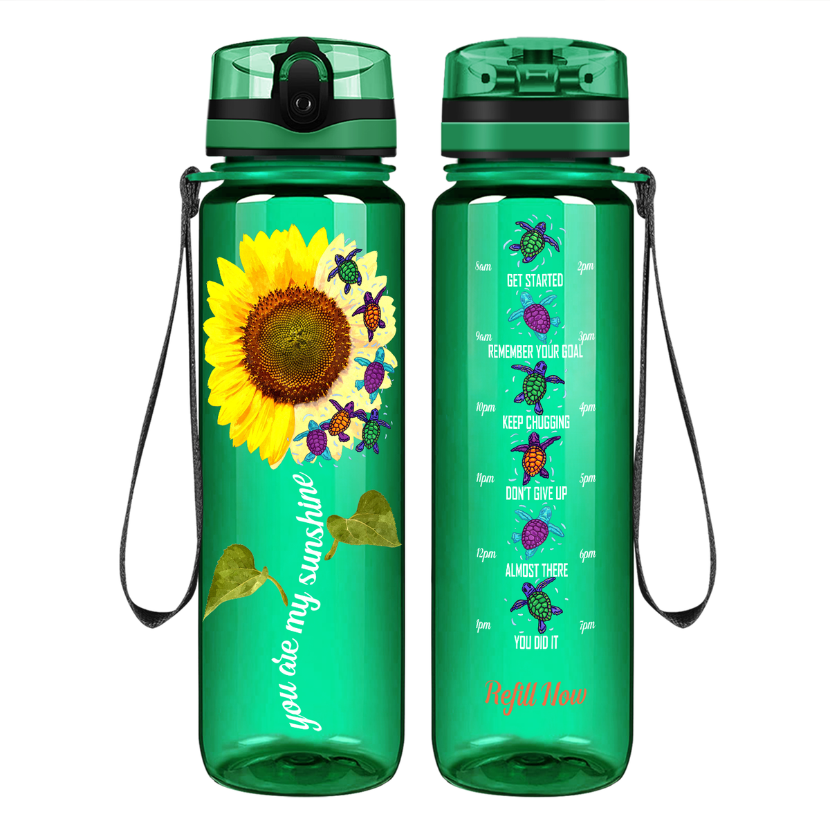 Turtles You Are My Sunshine Sunflower on 32 oz Motivational Tracking Water Bottle