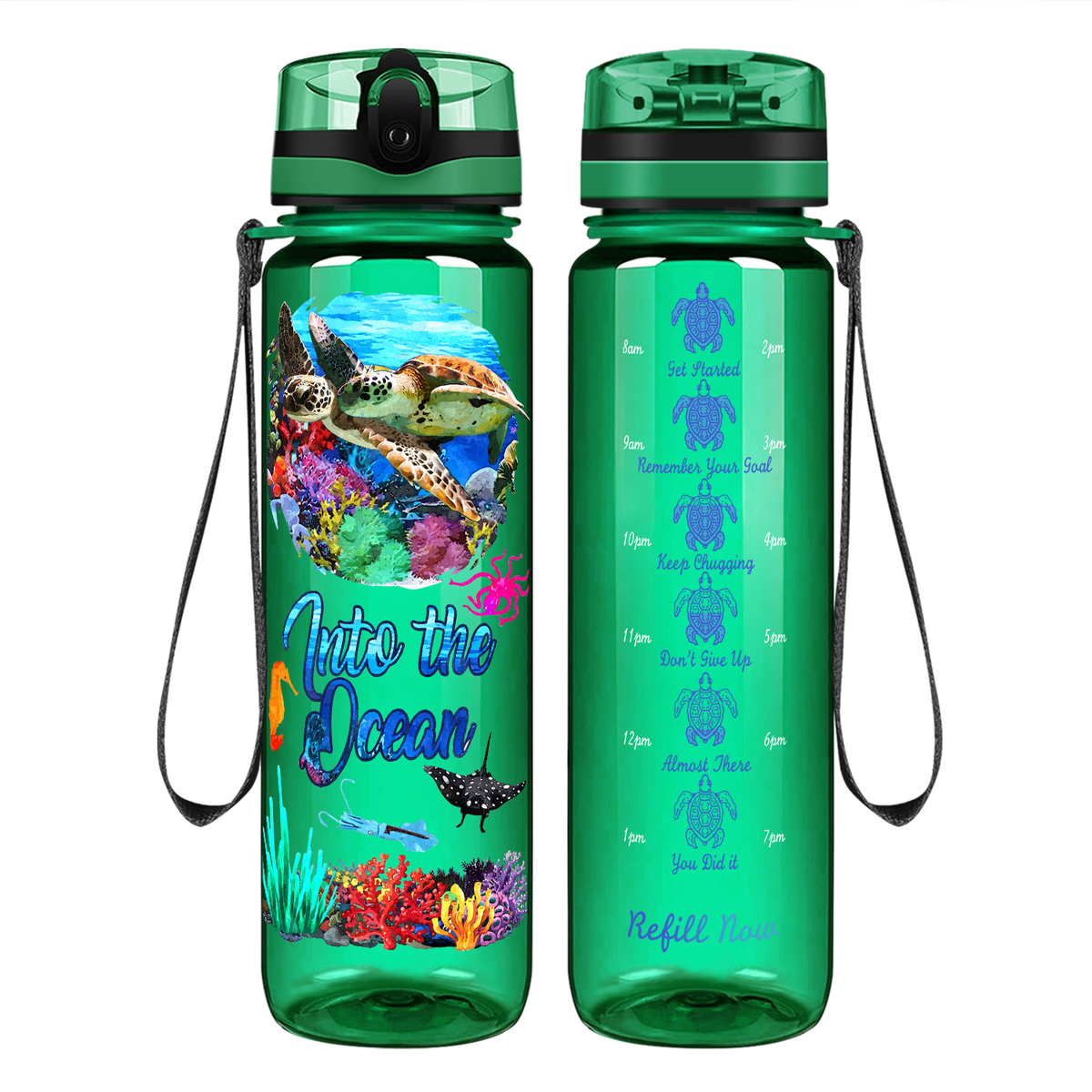 Turtles Into The Ocean on 32 oz Motivational Tracking Water Bottle