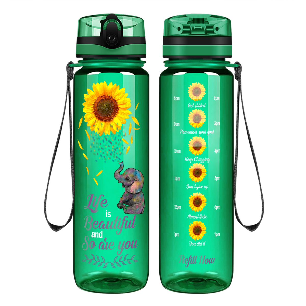 Life Is Beautiful and So Are You Sunflower with Elephant on 32 oz Motivational Tracking Water Bottle