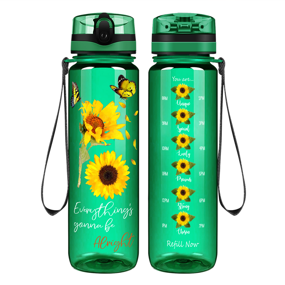 Everything's Gonna Be Alright Sunflower with Butterflies on 32 oz Motivational Tracking Water Bottle