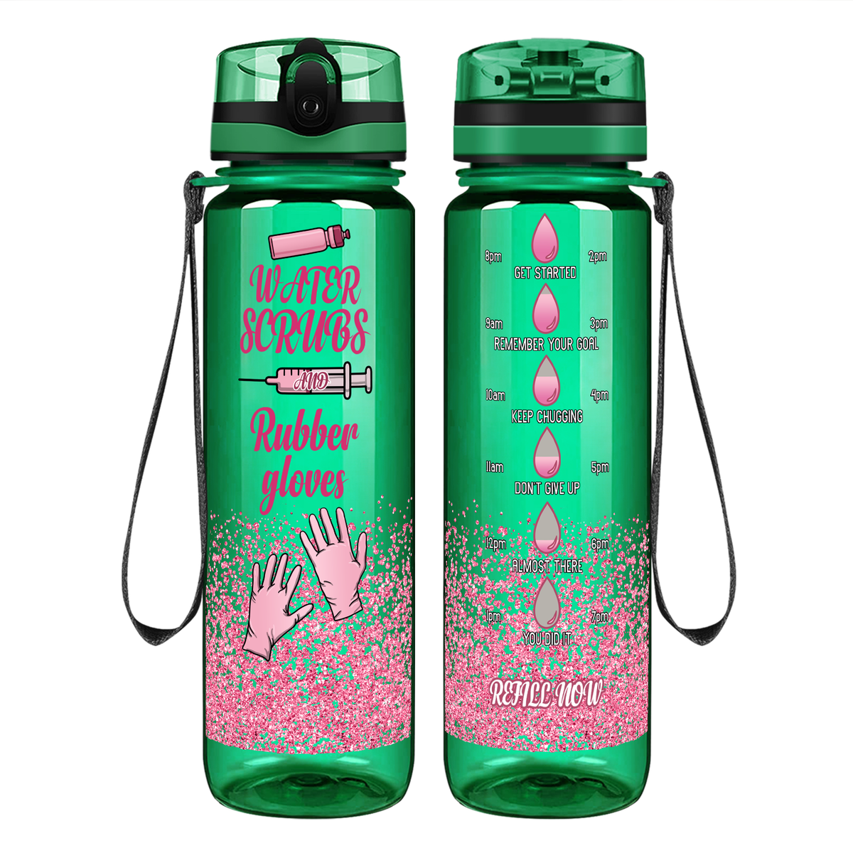 Pink Water Scrubs and Rubber Gloves on 32oz Motivational Tracking Nurse Water Bottle