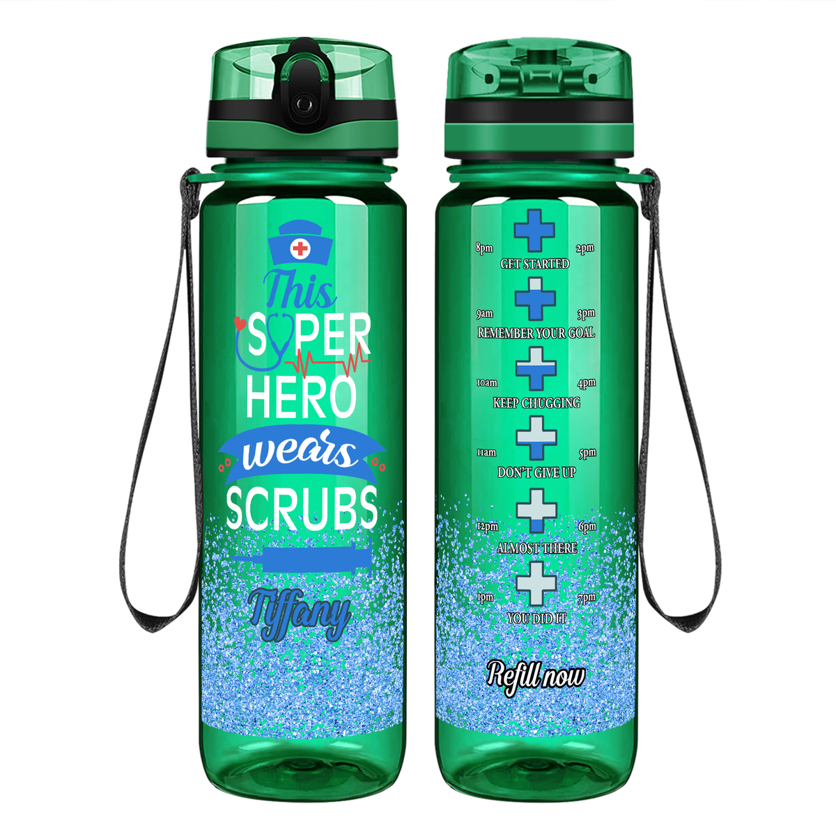 Personalized This Superhero Wears Scrubs on 32oz Motivational Tracking Nurse Water Bottle