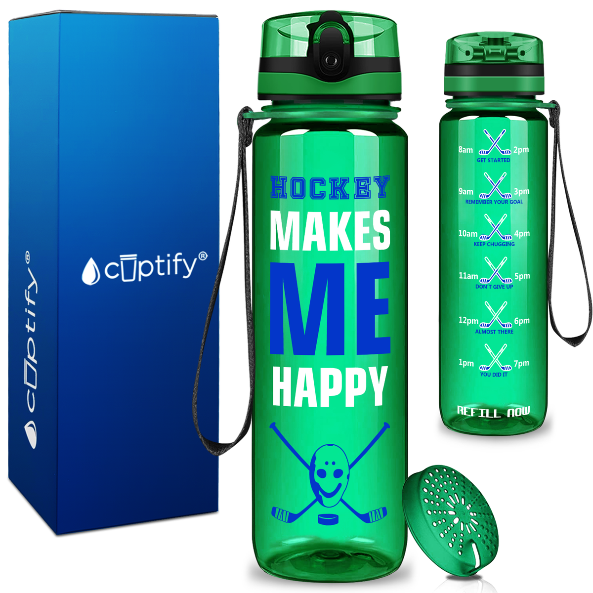 Personalized Hockey Makes Me Happy on 32 oz Motivational Tracking Water Bottle