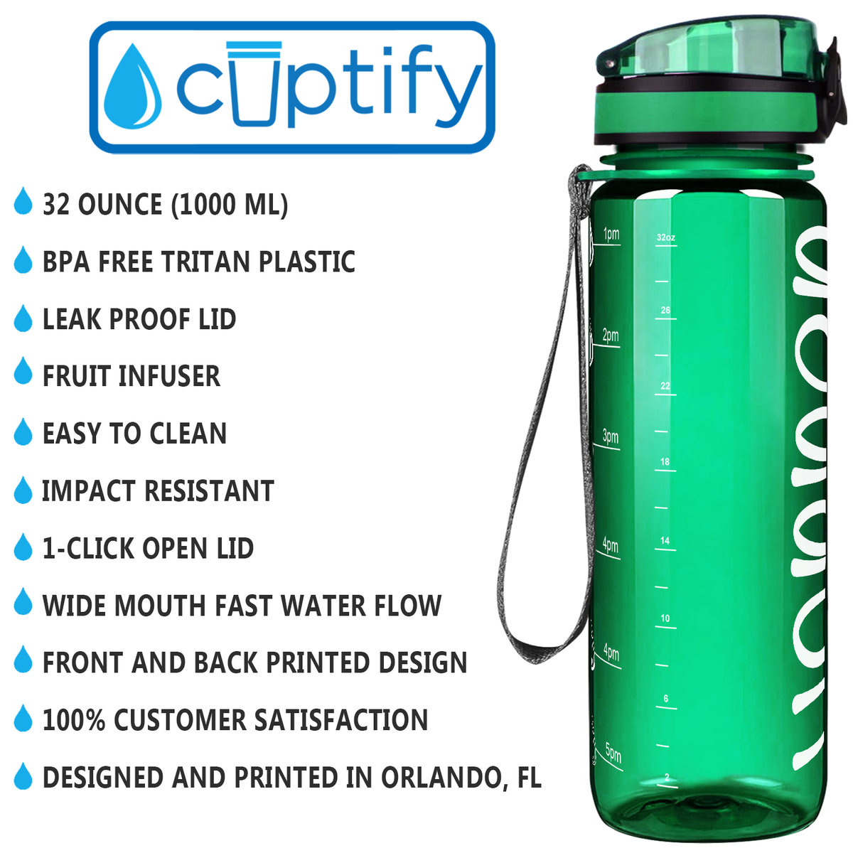 Kids Personalized on Green 32 oz Motivational Tracking Water Bottle